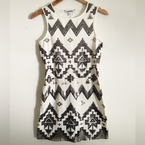 Express Dresses & Skirts - Express Sequin Tribal Mini Dress Small Cream Silver Bronze